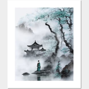 Fantasy Asian ancient landscape with blossom trees Posters and Art